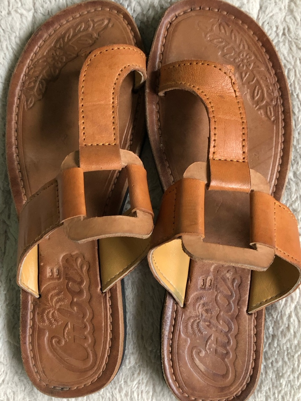 Boho Cuba Stamped Tan Leather Toe-Loop Slide Sandals Size 39 - Picture 5 of 11